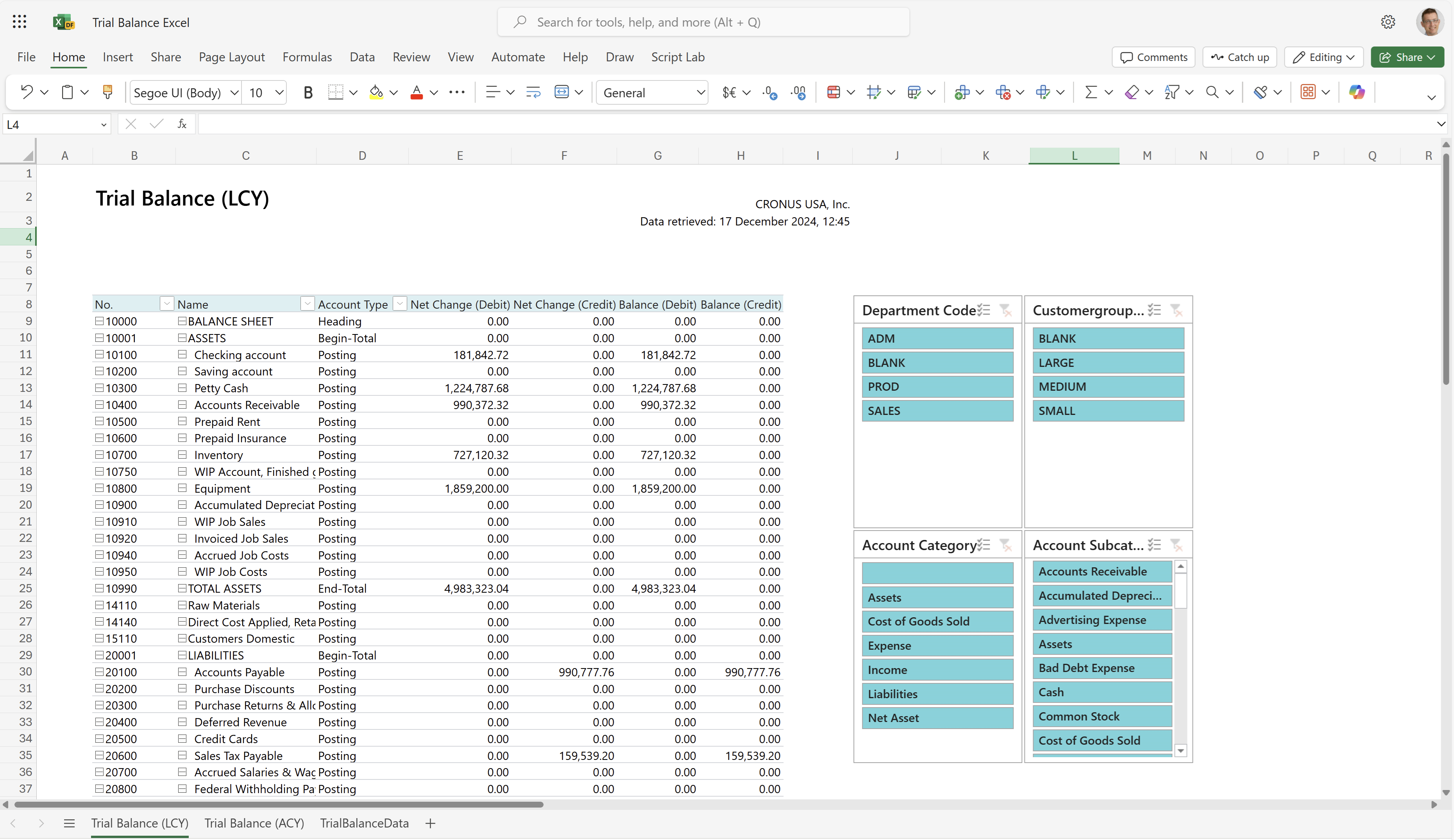 Zrzut ekranu arkusza Trial Balance (LCY)