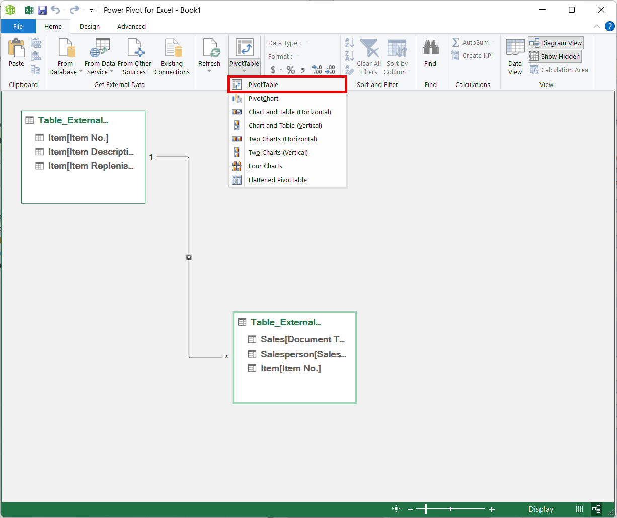 Zrzut ekranu programu Excel pokazujący kroki tworzenia tabeli przestawnej z Power Pivot.
