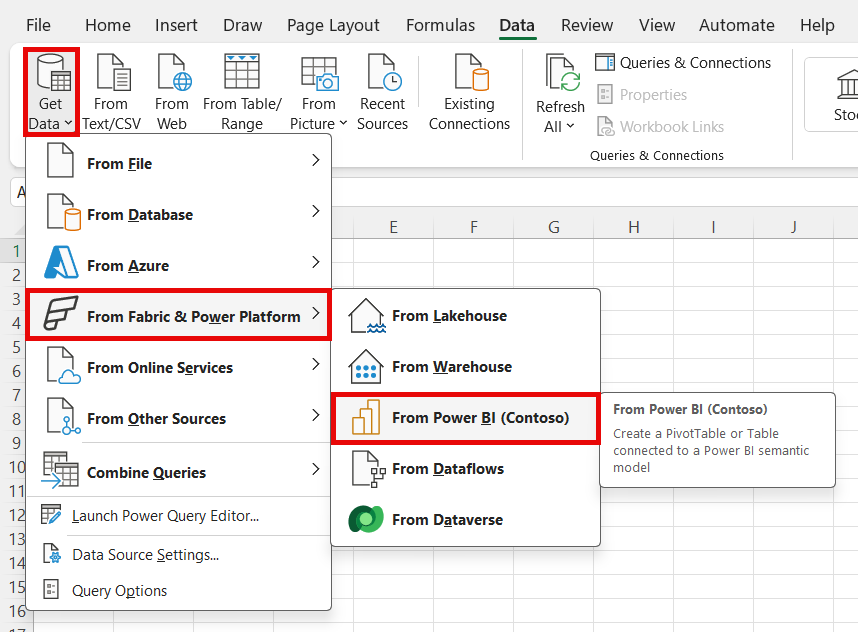 Zrzut ekranu programu Excel pokazujący kroki łączenia z Power BI.