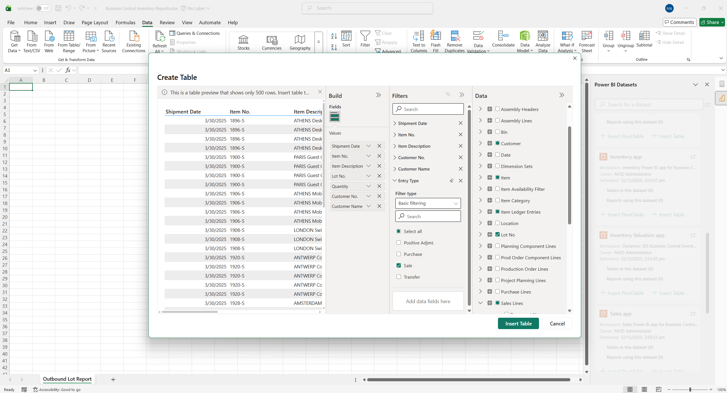 Zrzut ekranu programu Excel pokazujący kreatora tworzenia tabeli modelu semantycznego Power BI.