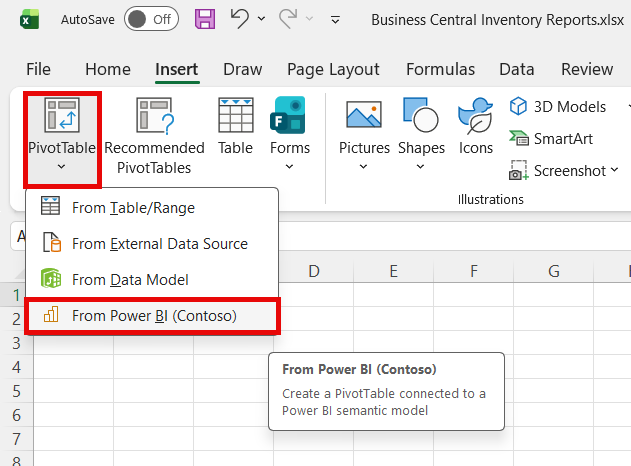 Zrzut ekranu programu Excel pokazujący kroki tworzenia tabeli przestawnej przy użyciu połączenia Power BI.