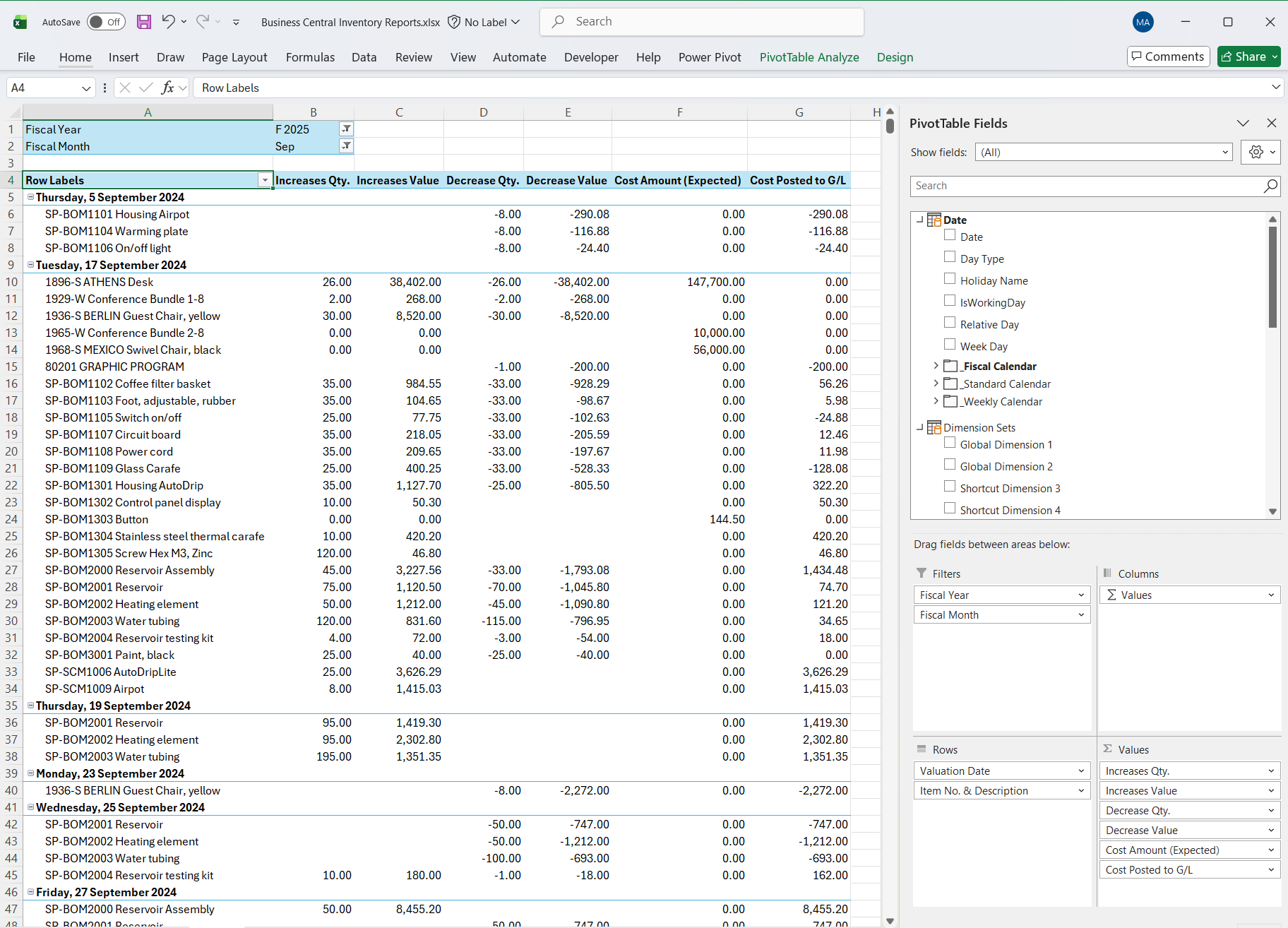 Zrzut ekranu programu Excel pokazujący tabelę przestawną utworzoną z połączeniem z Power BI.