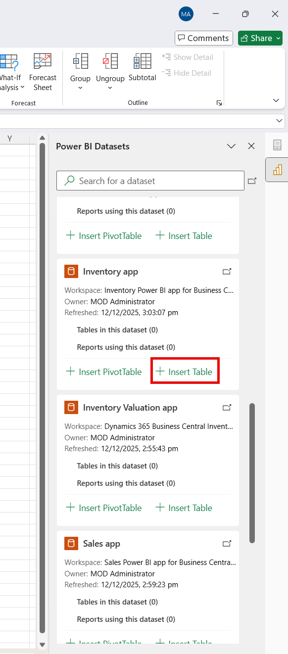 Zrzut ekranu programu Excel pokazujący okienko modeli semantycznych Power BI z wyróżnioną opcją Utwórz tabelę.