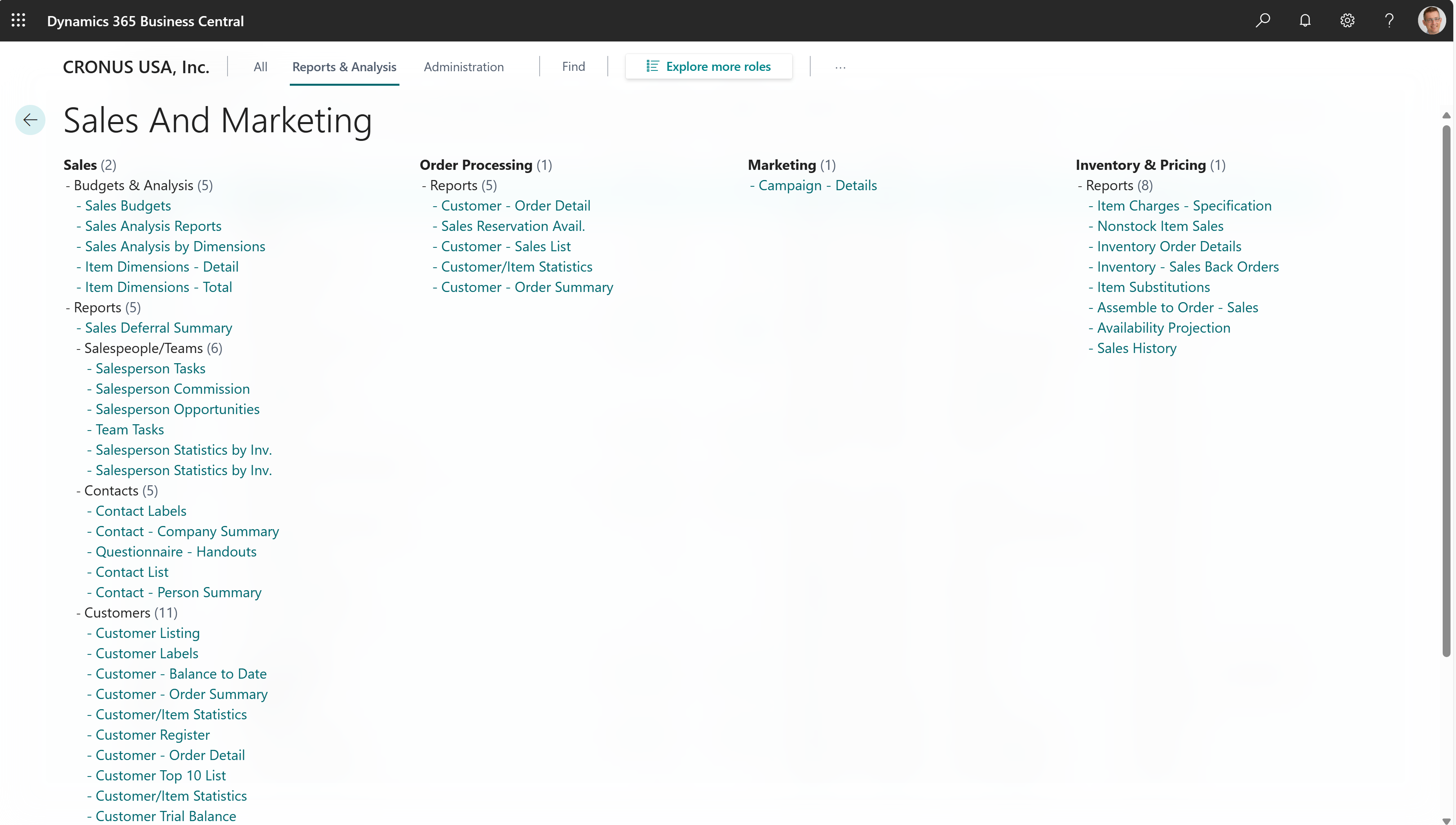 Przykład raportów w centrum ról finansowych.