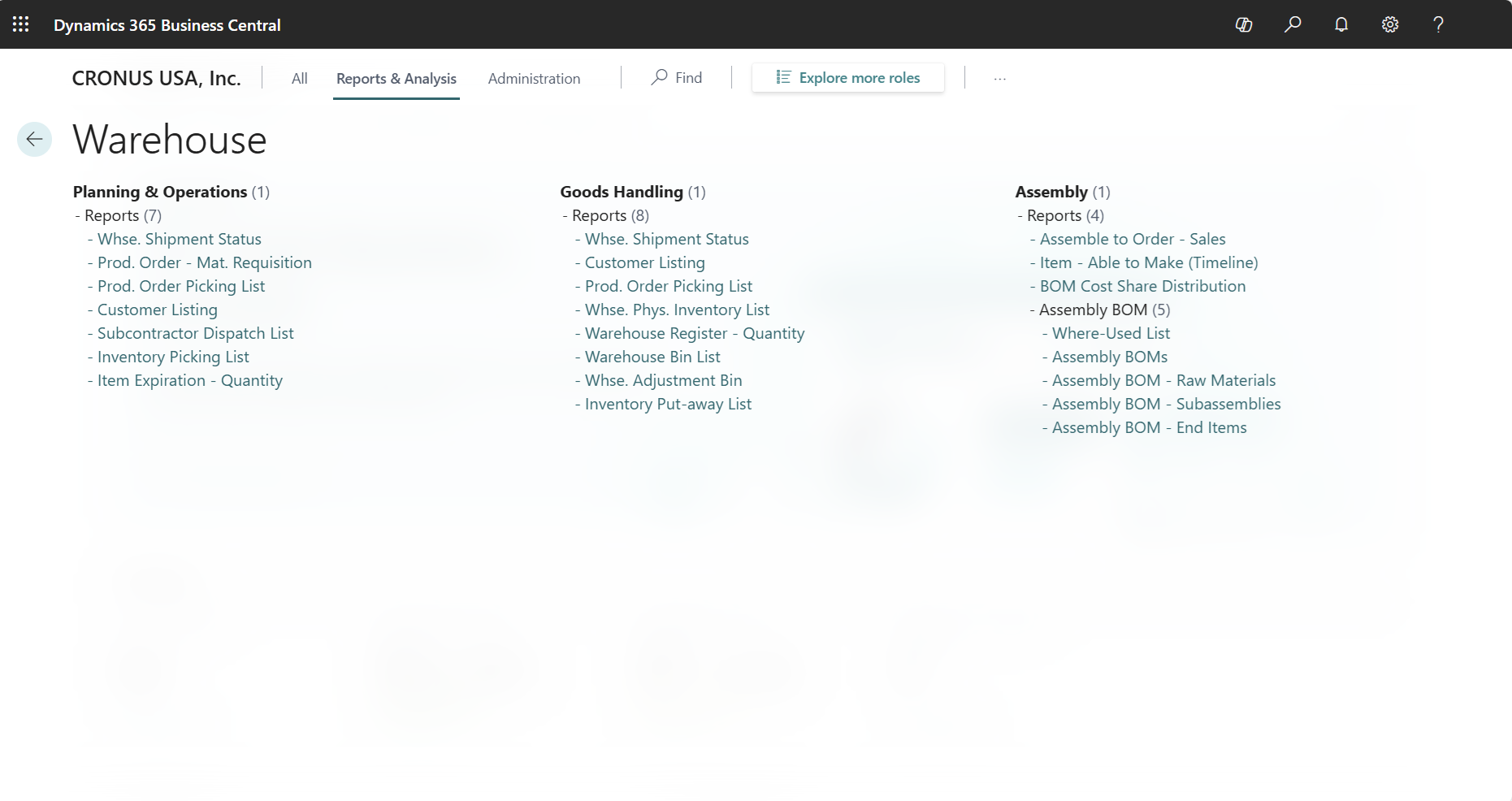 Przykład raportów w centrum ról finansów.