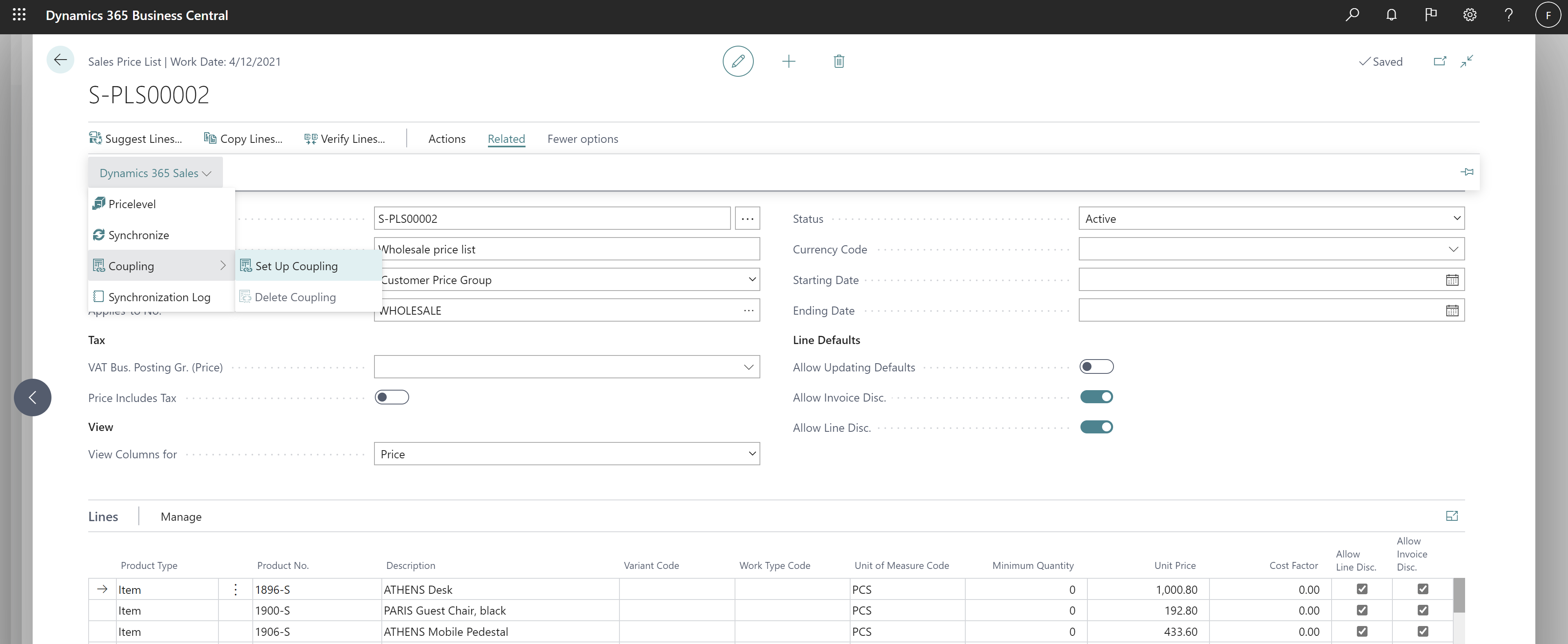 Strona Cennik sprzedaży.