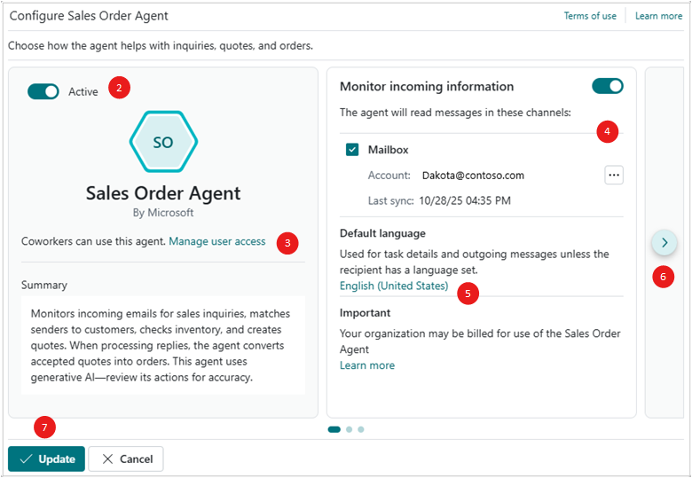 Shows the Sales Order Agent configuration page