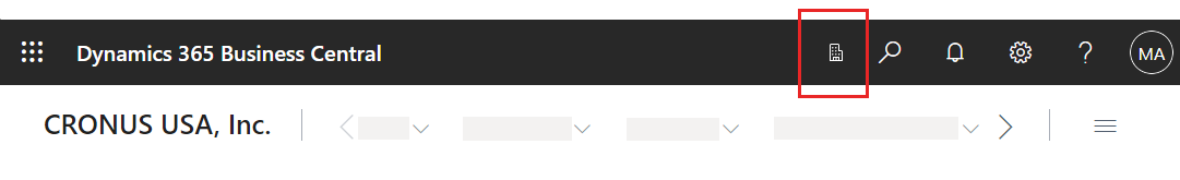 Pokazuje ikonę przełącznika firm w nagłówku klienta Business Central.